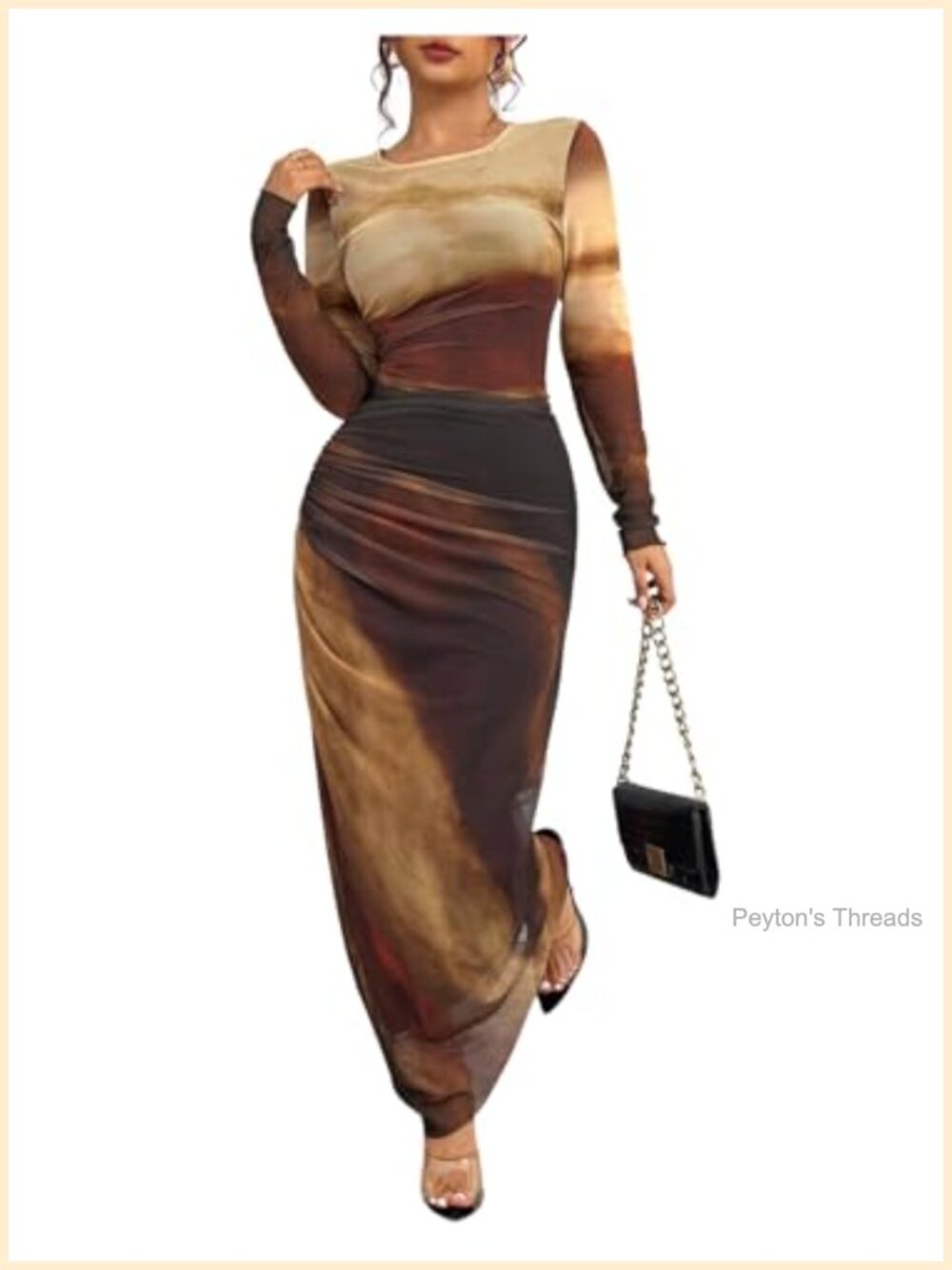 Women's Long Sleeve Bodycon Maxi Dress Ruched Mesh Cocktail Party